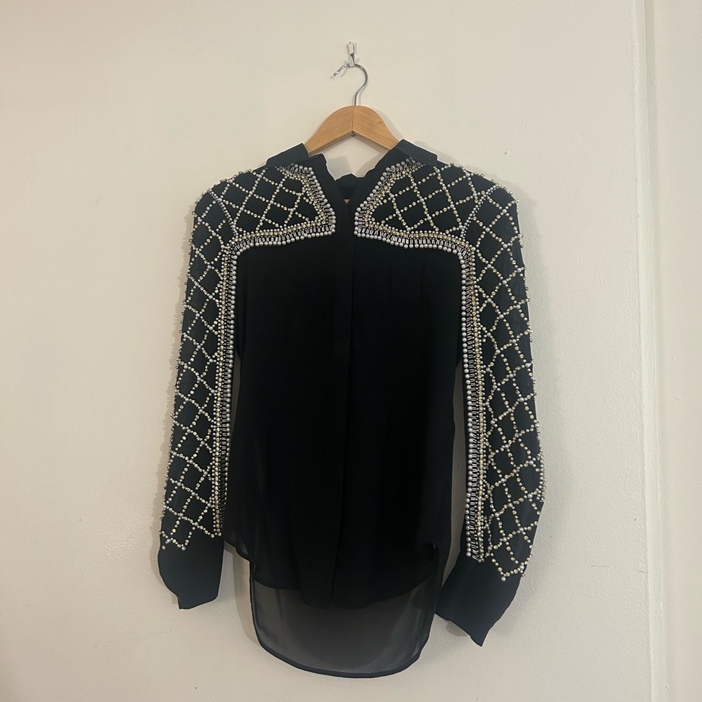 Balmain X H&M Beaded Crystals/Pearls Embellishment Silk Blouse